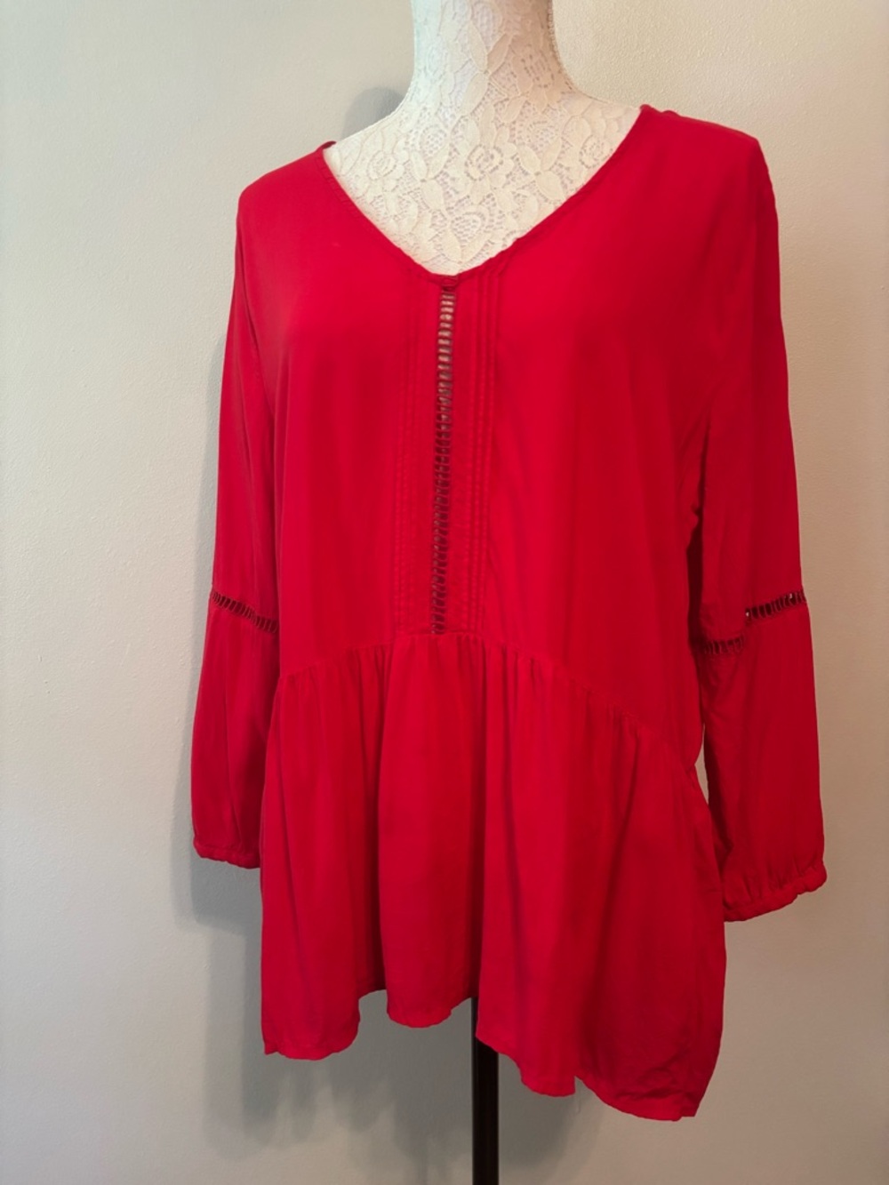 Calvin Klein Jeans Red V-Neck Peplum Tunic with Ladder Trim